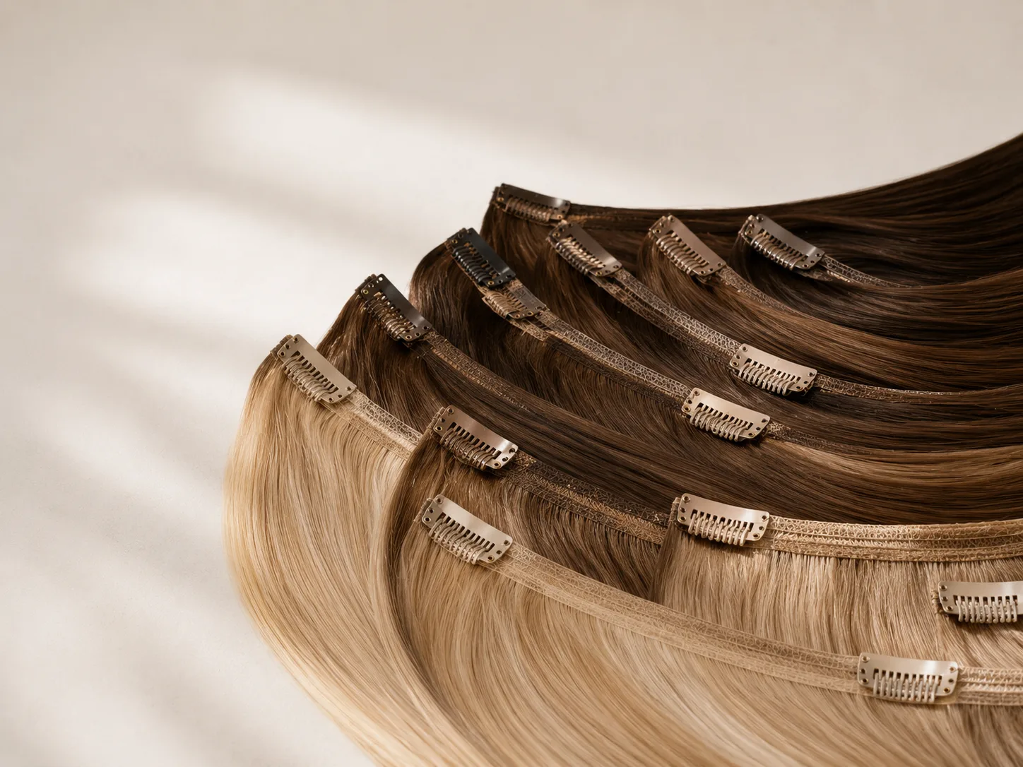 Clip-in hair extension wefts with metal clips in multiple professional salon shades