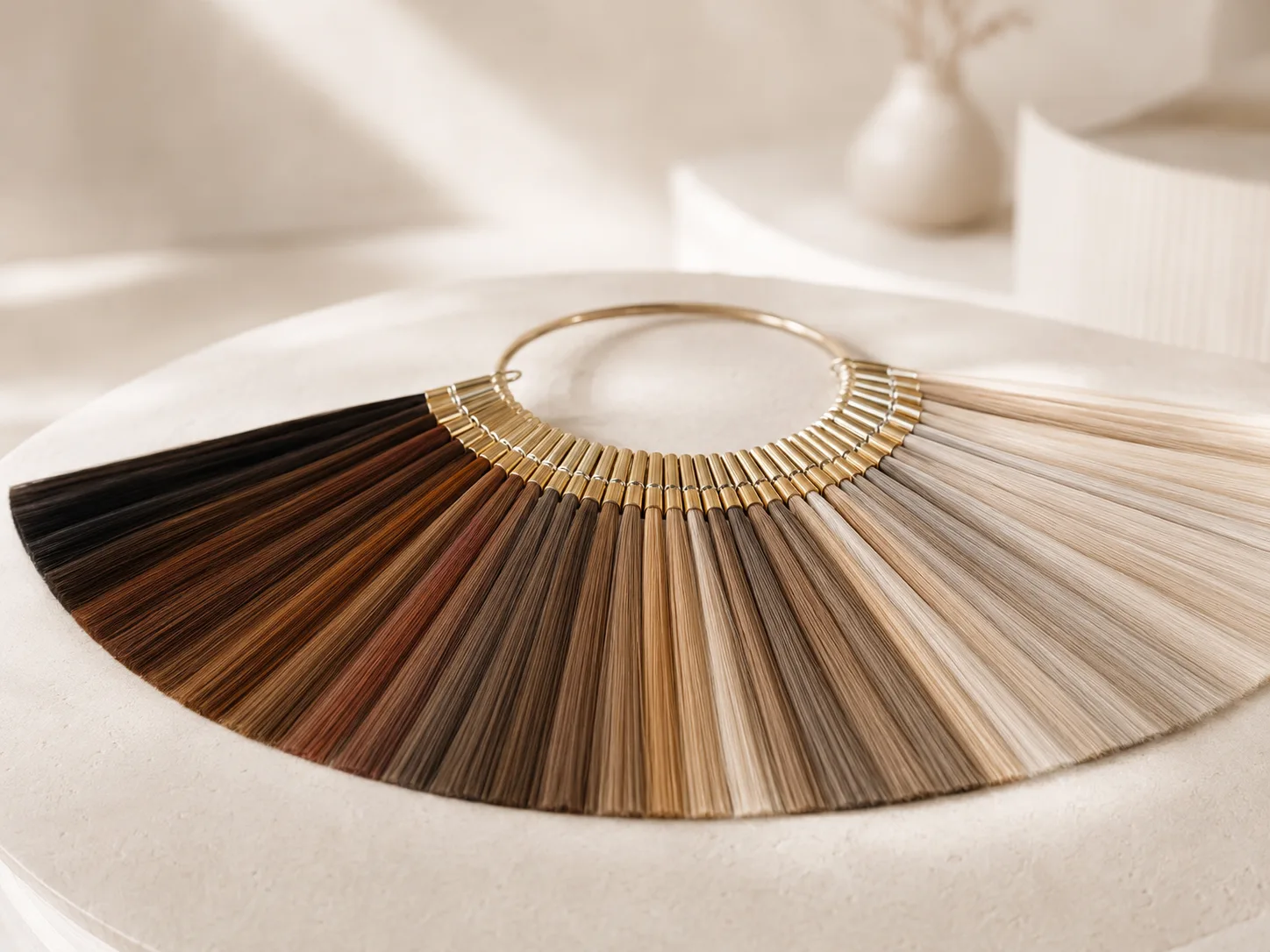 Hair extension colour ring fanned on ivory stone for professional shade consultation