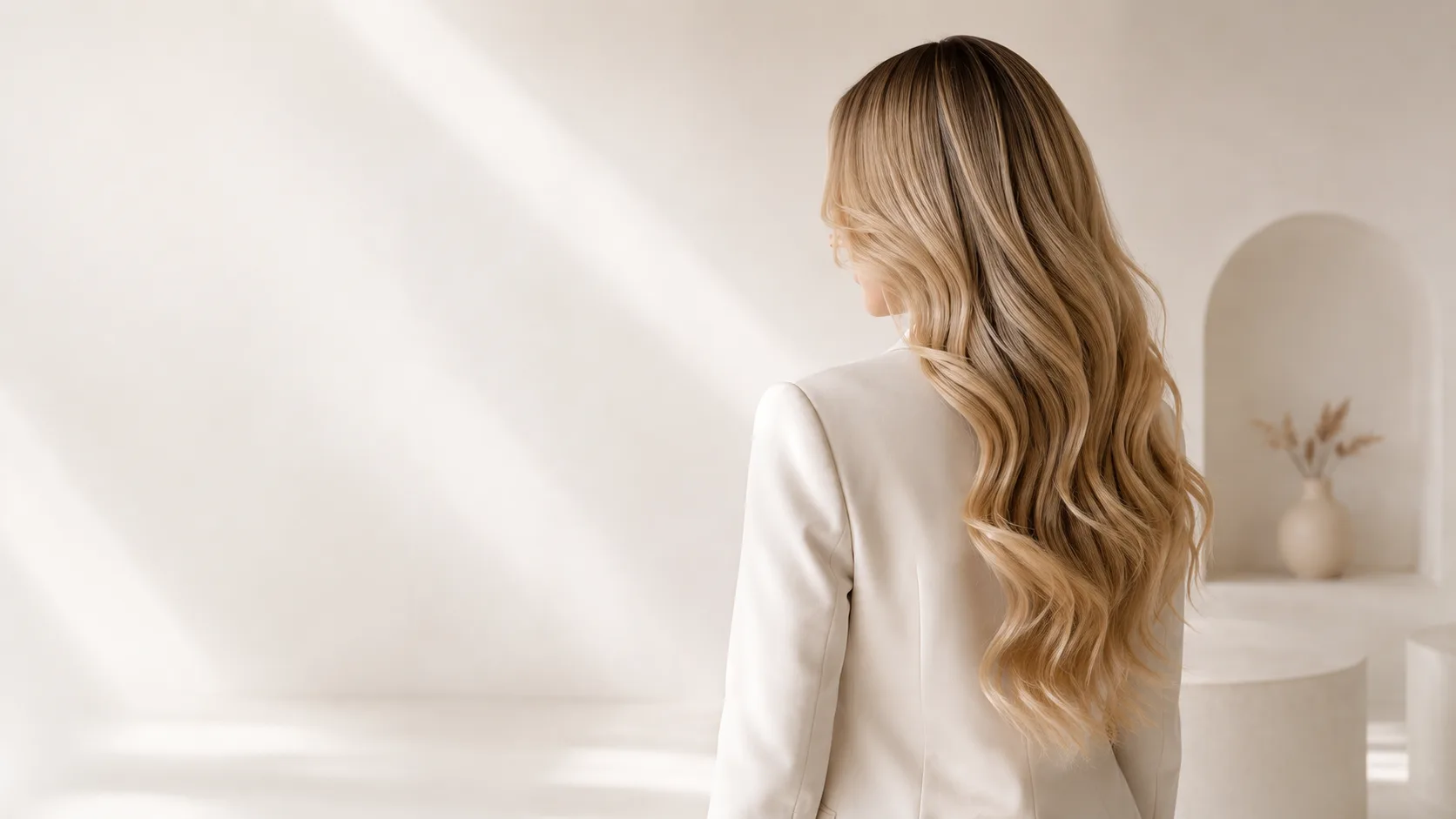 Long, voluminous blonde hair extensions styled in a bright minimalist editorial setting