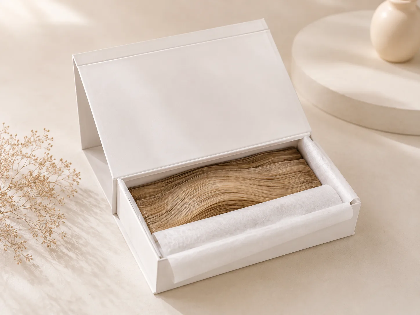 Private label hair extensions in premium white packaging with tissue wrap on a minimalist beige surface