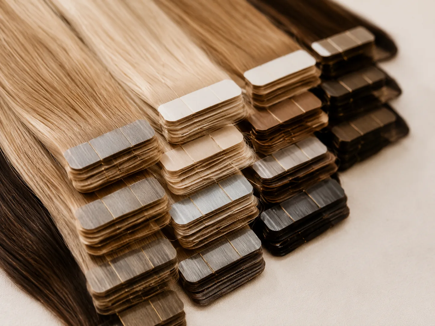Tape-in hair extension wefts in multiple professional shades with visible PU adhesive tabs