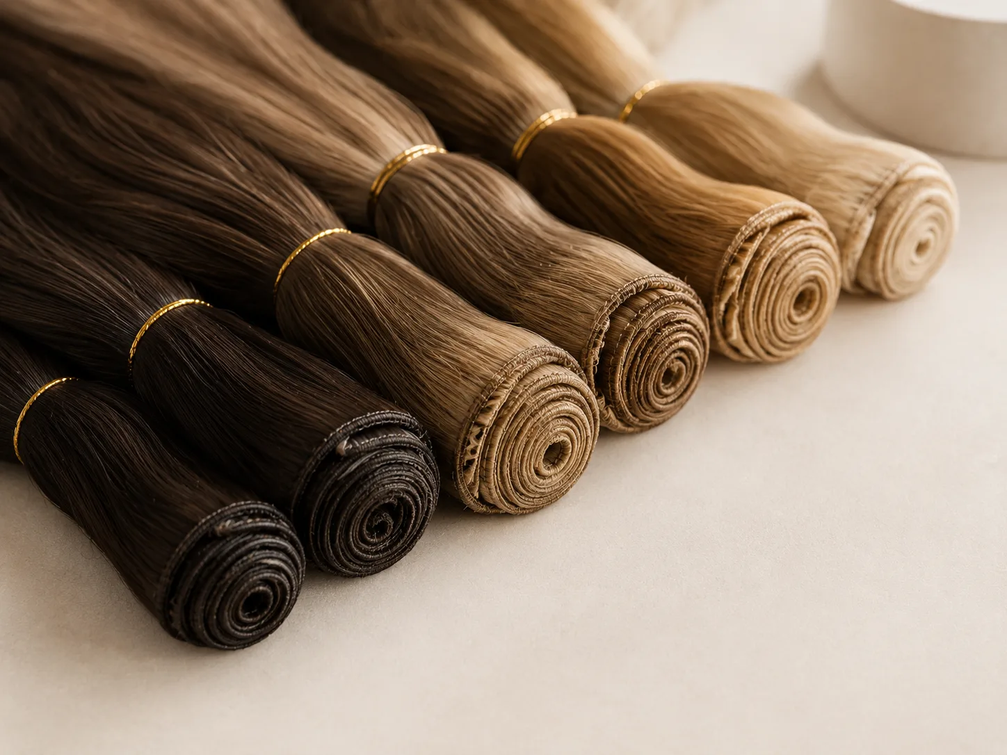 Wholesale machine weft hair extensions rolled in natural shade progression for professional supply